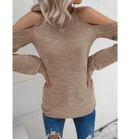 Marled Khaki Cold Shoulder Casual Long Sleeve Tee Shirt - Picture 3 of 7
